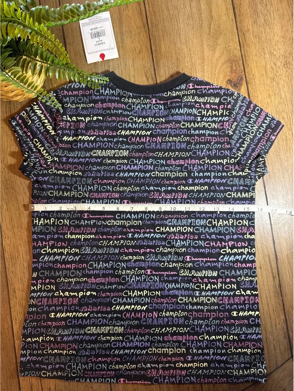 Champion Girls Allover Logo Print T-Shirt Large Black Multicolor NWT